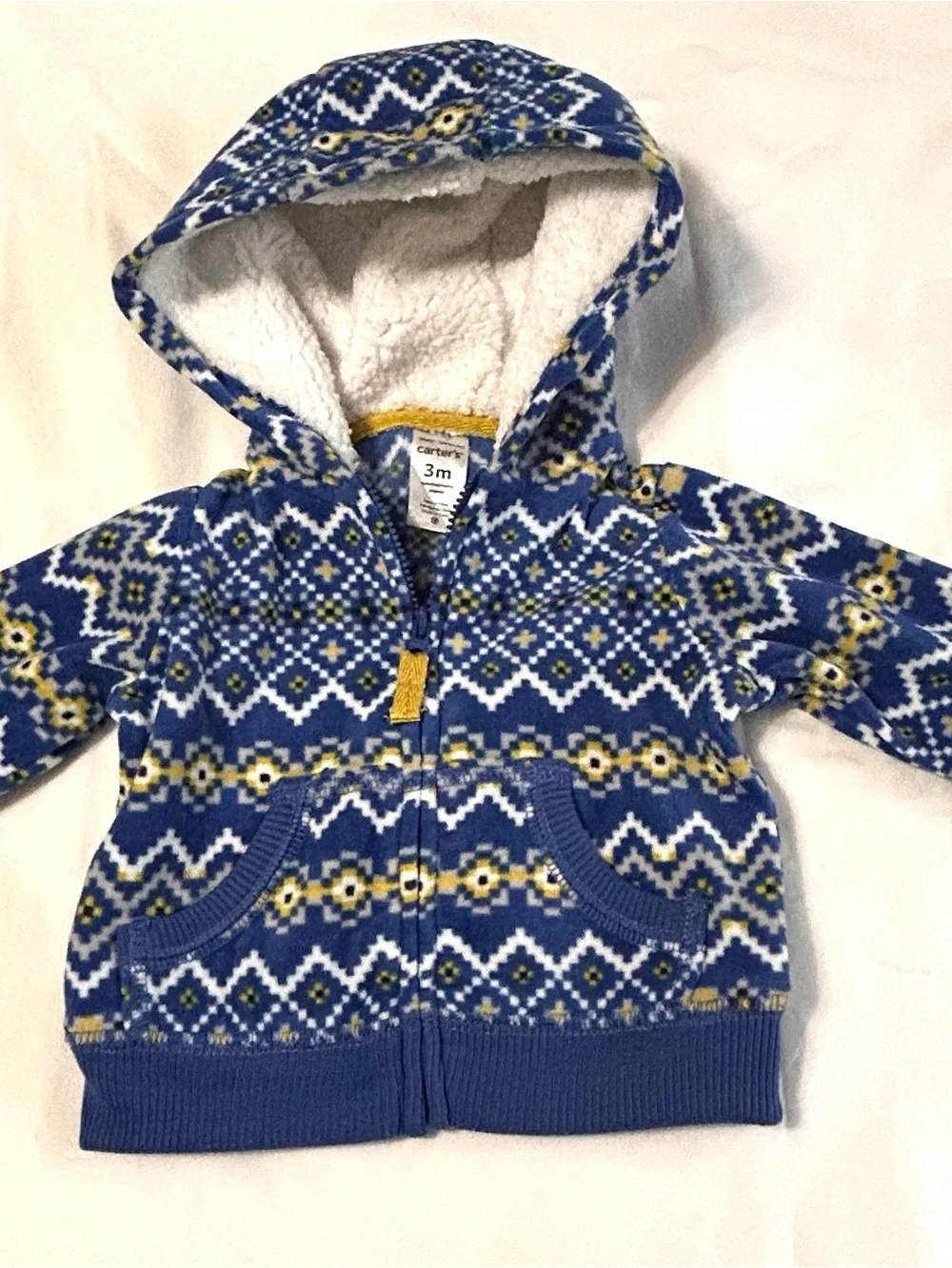 3 month Baby Carter's Blue Patterned Hooded Fleece Jacket with Sherpa Hood NWT